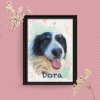 Cuadro personalizado de Dora, Border Collie en estilo acuarela, con fondo pastel decorado con corazones y espirales.