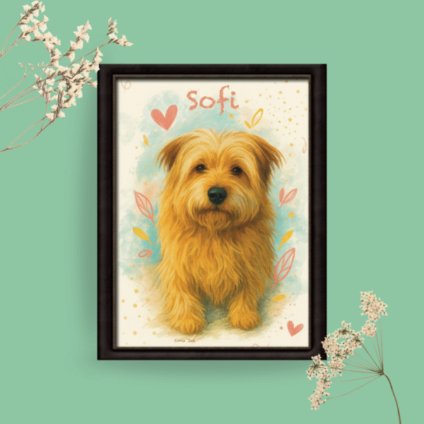 Cuadro personalizado de Sofi, perrita dorada de pelo largo, con fondo pastel decorado con corazones y hojas.