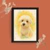 Cuadro personalizado de León, perrito blanco de pelo esponjoso, con fondo amarillo decorado con corazones y hojas.