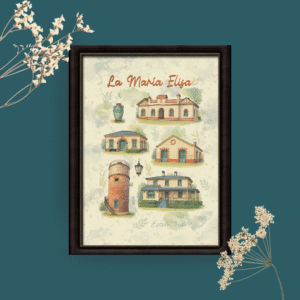 Cuadro ilustrado con acuarelas de edificaciones rurales y elementos arquitectónicos, titulado “La María Elisa”, enmarcado sobre fondo verde con flores blancas.