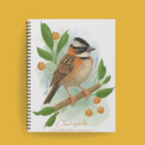Agenda tapa dura ilustrada con chingolo (Zonotrichia capensis) sobre rama con hojas verdes y frutos naranjas, en estilo acuarela.