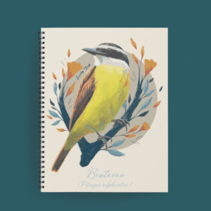 Agenda ilustrada con benteveo (Pitangus sulphuratus) sobre rama con hojas otoñales y fondo crema, estilo acuarela.