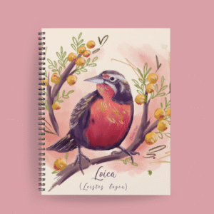 Cuaderno ilustrado con loica (Leistes loyca) sobre rama con hojas verdes y frutos amarillos, estilo acuarela sobre fondo rosa suave.
