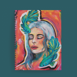 Agenda ilustrada con rostro femenino de ojos cerrados y dos peces turquesa nadando alrededor, sobre fondo rojo y naranja.