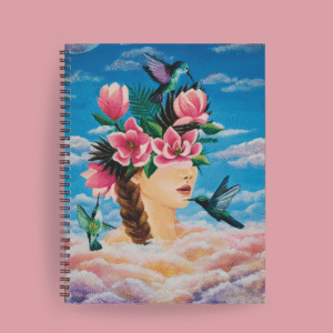 Agenda ilustrada con rostro femenino emergiendo de nubes, rodeado de flores rosas y picaflor en vuelo, sobre fondo celeste.