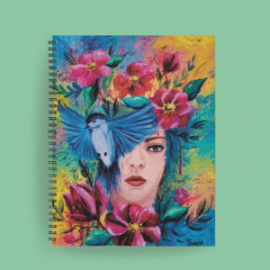 Agenda ilustrada con rostro femenino, flores rojas y ave azul con alas extendidas, sobre fondo vibrante multicolor.