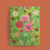 Agenda ilustrada con ramo de flores rojas, rosas y blancas sobre fondo verde brillante, estilo pintura expresiva.