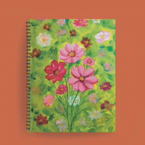 Agenda ilustrada con ramo de flores rojas, rosas y blancas sobre fondo verde brillante, estilo pintura expresiva.