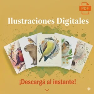 magen promocional con seis cuadros ilustrados en estilo natural y artístico, dispuestos en abanico sobre fondo ocre, con ícono visual que sugiere descarga digital en formato PDF.